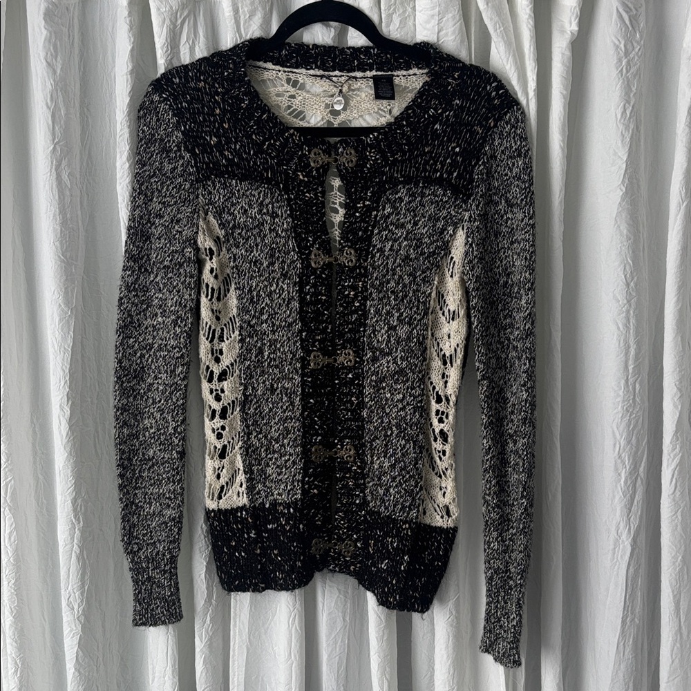 BKE Black and Cream Marled Knit Cardigan with Lace Insets